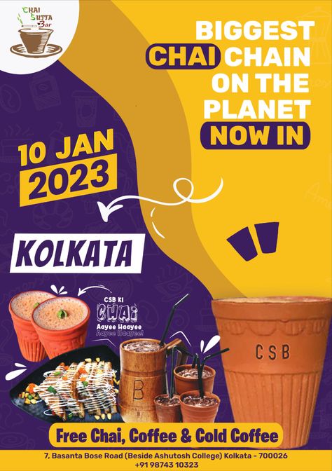 Grand opening of another Chai Sutta Bar outlet in Kolkata on 10 th January. ⠀⠀⠀⠀⠀⠀⠀⠀ TAG your Kolkata vale friends and let them know Chai Sutta Bar is now coming soon to their city..!! 😁 ⠀⠀⠀⠀⠀⠀⠀⠀⠀⠀⠀⠀ #kolkata #chaisuttabar #chai #chaisutta #chailovers #kulhadchai Chai Sutta Bar, Cold Coffee, Kolkata, Grand Opening, Coming Soon, Outlet, Bar, 10 Things