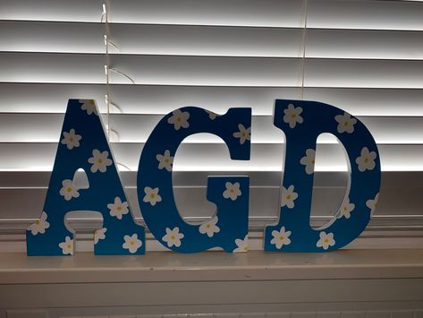 Painting Wood Letters, Sorority Letters Painted Wooden Easy, Blue Sorority Letters, Painted Greek Letters Wooden, Letter Name Decor Diy, Painted Sorority Letters Wooden, Agd Canvas, Wood Letters Decorated Painted, Sorority Letters Painted Wooden