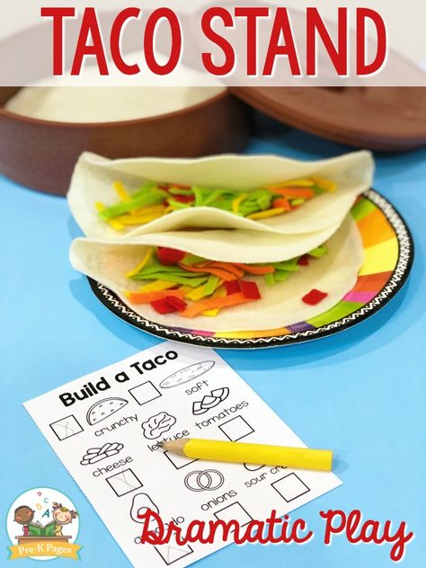 How to Make Felt Tacos Taco Stand Dramatic Play, Felt Tacos, Preschool Restaurant, Marzano Strategies, Dramatic Play Diy, Pre K Classroom, Play Printables, Dramatic Play Themes, Dramatic Play Center