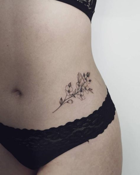 Lower Pelvis Tattoo Women, Above Hip Tattoo, Dainty Stomach Tattoos, Delicate Hip Tattoos Women, Cherry Blossom Hip Tattoo, Upper Hip Tattoo, Waistline Tattoos Women, Dainty Hip Tattoos Women, Pelvis Tattoo