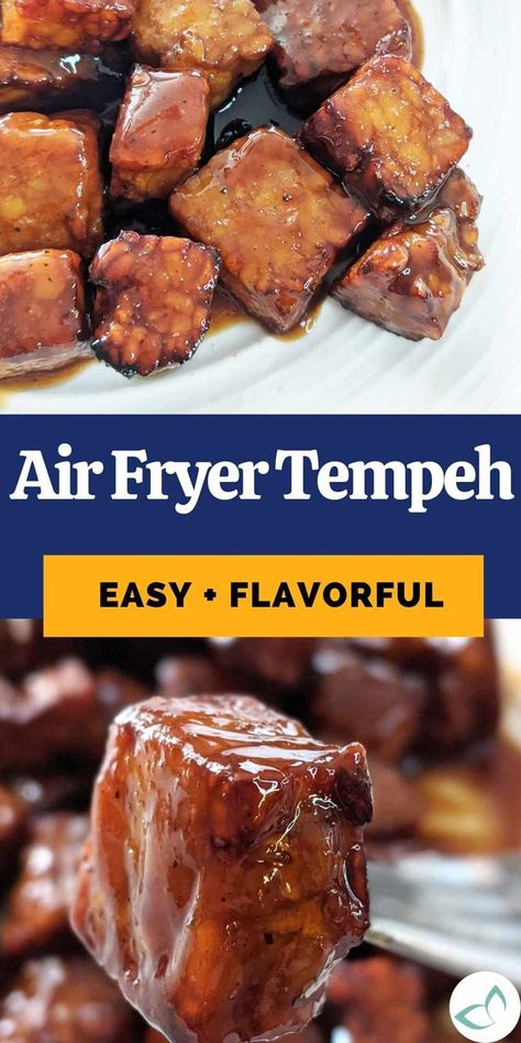 Cubed tempeh covered in sticky marinade with text overlay "Air Fryer Tempeh Easy + Flavorful." Air Fryer Tempeh, Tempeh Recipes Vegan, Crispy Tempeh, Fried Tempeh, How To Cook Tempeh, Vegan Air Fryer, Marinated Tempeh, Tempeh Recipe, Tempeh Recipes