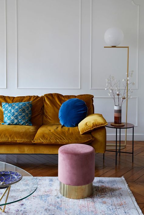 This Parisian Apartment Will Make You Want a Velvet Sofa | A Cup of Jo Parisian Sofa, Sofa Velvet, Yellow Sofa, Parisian Apartment, A Living Room, Velvet Sofa, Apartment Living Room, Apartment Interior, Cozy Living Rooms