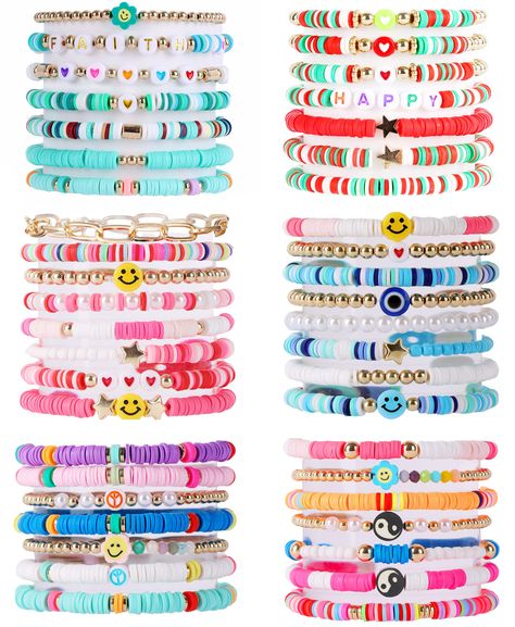 Y2k Bracelets, Bracelets Aesthetic, Make Clay Beads, Heishi Bracelets, Bracelet Star, Clay Bead Necklace, Cute Friendship Bracelets, Homemade Bracelets, Preppy Bracelets