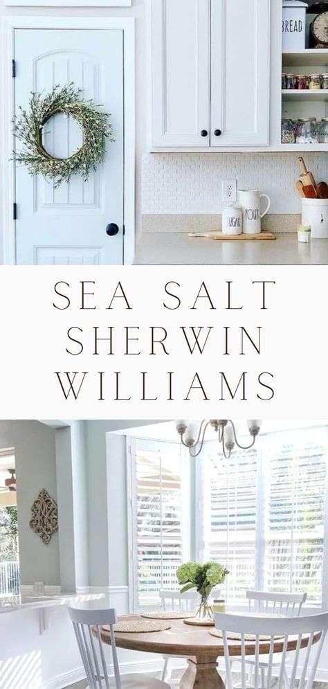 Sherwin Williams Sea Salt Bedroom, Sea Salt Coordinating Colors, Sea Salt Paint Color, Sea Salt Kitchen, Salt Paint, Sherwin Williams Sea Salt, Sea Salt Paint, Installing Wainscoting, Beach House Colors