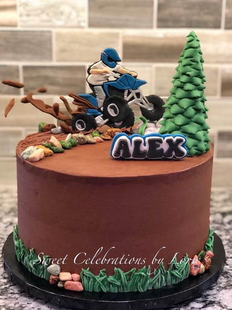 4 wheeler / ATV birthday cake by Sweet Celebrations by Lori in SLC UT 4wheeler Birthday Cake, 4 Wheeler Birthday Cake, Atv Birthday Party Ideas 4 Wheelers, Atv Themed Birthday Party, Quad Birthday Cake, Four Wheeler Birthday Cake, Atv Cake Ideas, Four Wheeler Cakes For Boys, 4wheeler Birthday Party Ideas