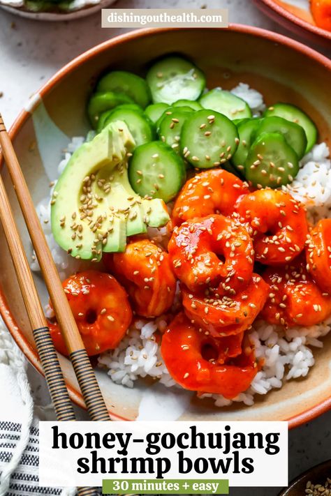 Honey-Gochujang Shrimp Bowls with pickled cucumbers and avocado come together in just 30 minutes. These simple, delicious bowls are packed with flavor and perfect for busy weeknights. Gochujang Shrimp, Creamy Coconut Shrimp, Shrimp Bowls, Lemon Pepper Shrimp, Dishing Out Health, Marinated Cucumbers, Pickled Cucumbers, Asian Inspired Dishes, Veggie Bowl