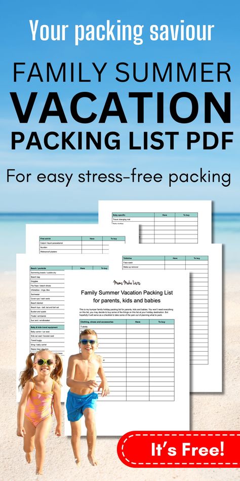 Grab your copy of my free printable PDF family summer vacation packing list complete with checklist for what you have already and what you need to buy before you travel on vacation for a beach summer holiday with your kids. Looking for the ultimate family packing list? This printable has lists for the whole family, baby, toddler, kids, teens and adults.Looking for the ultimate family packing list, travel first aid kit checklist, AND a list of packing essentials for moms and dads. Family Vacation Packing List, Summer Travel Packing, Summer Vacation Packing List, First Aid Kit Checklist, Family Packing List, Summer Vacation Packing, Summer Checklist, Beach Vacation Packing List, Vacation Packing List