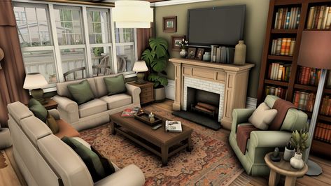 Bloxburg House Ideas Aesthetic Interior, Bloxburg Living Room Ideas Dark Academia, Bloxburg Country House Interior, Bloxburg Autumn House Realistic, Bloxburg Living Room Vintage, Sims 4 Build Ideas Interior, Small Cabin Bloxburg, Sims 4 Houses Interior Living Rooms, Sims 4 Modern Farmhouse Interior