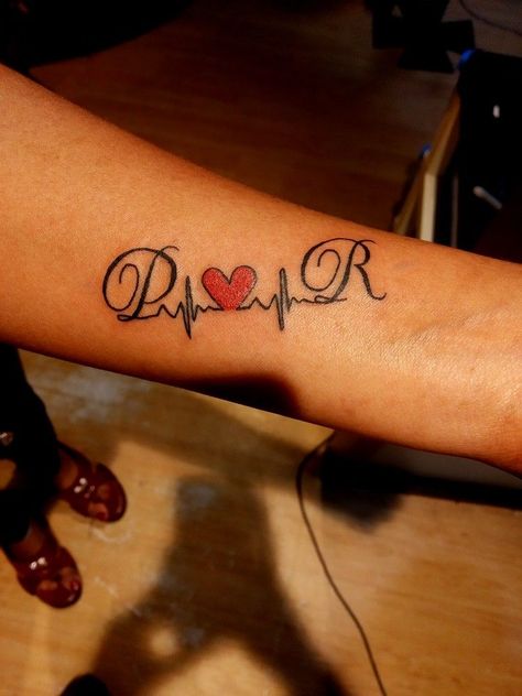 R S Tattoo Design, Pravin Name Tattoos, R Tattoo Letter Heart, R Letter Tattoo Designs For Women, Heartbeat Tattoo With Initials, A R Tattoo, R Initial Tattoo, Heartbeat Tattoo With Name, Letter R Tattoo