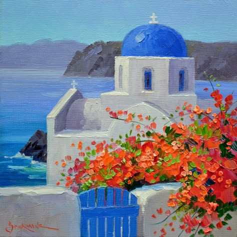 Perched on tall bluffs overlooking the Mediterranean Sea Santorini shimmers in the sun. Description from mikkisenkarik.wordpress.com. I searched for this on bing.com/images Mikki Senkarik, Greece Painting, Greek Paintings, Greece Art, Greek Art, Santorini Greece, Painting Art Projects, 그림 그리기, Beautiful Paintings