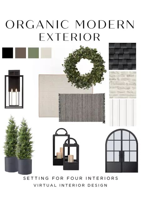 Exterior and front porch design ideas - outdoor lighting and decor ideas. neutrals, naturals, organic modern. wreath, rugs, faux cedar trees, lanterns, planters.  Setting For Four Interiors Virtual Interior Design Services Desinger and True Color Expert Front Door Cedar Trees, Modern Organic Front Door, Front Porch Organic Modern, Front Porch Faux Tree, Rh Outdoor Planters, Front Porch Design Ideas, Porch Design Ideas, Blogger Home, Modern Outdoor Lighting