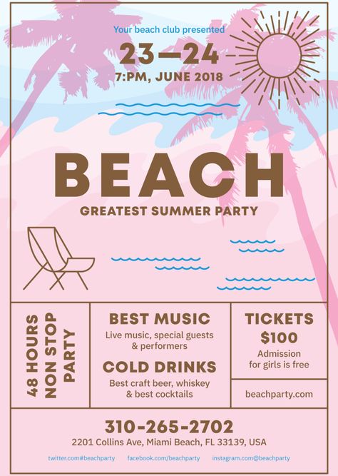 Palm Beach Party, Beach Party Poster, Beach Party Flyer, Event Poster Template, Zack Fair, Event Posters, Poster Design Layout, Graphisches Design, Music Festival Poster