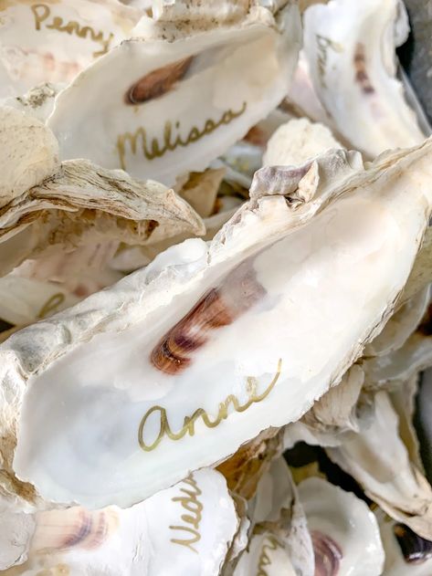 DIY Oyster Shell Place Cards - The Southern Millennial Wedding Oyster Shell Place Cards, Diy Oyster Shell, Shell Place Cards, Millennial Wedding, Oyster Card, Coastal Wedding, Wedding Crafts, Southern Wedding, Oyster Shell