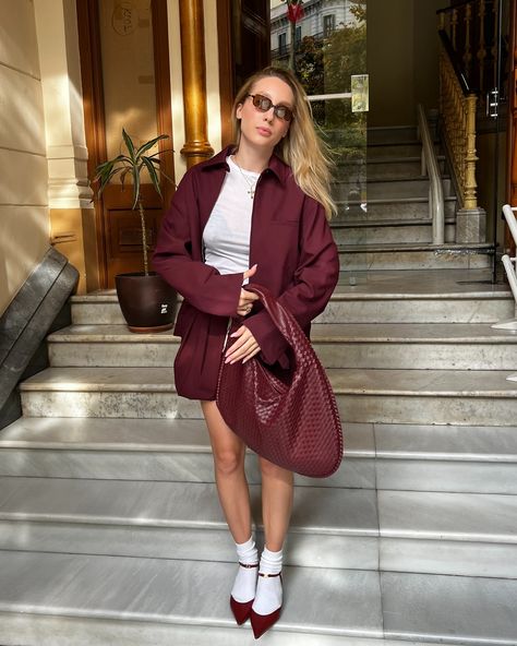 burgundy? yes!! loved this outfit in miu miu vibes and long socks with heels for fall 🍇 me wearing: jacket & skirt @zara 4341/729 and 3152/514 longsleeve @cosstores 1028327 bag @designby_si (you always asking 💞) slingbacks @celine (most comfortable pumps I ever had) jewelry @maisonfoufoustore sunglasses @miumiu . . . . . #aestheticoutfits #aetheticoutfitideas #pinterestoutfit #pinterestoutfits #styleoftheday #lookoftheday #lookoftoday #effortlesschic #effortlesslychic #chicoutfit #ree... Heels With Socks Outfit, Sunglasses Miumiu, Heels With Socks, Heels For Fall, Socks With Heels, Wearing Jacket, Socks Outfit, Comfortable Pumps, Burgundy Heels