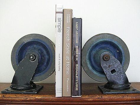 Book Ends Ideas, Industrial Bookends, Cafe Industrial, Industrial Casters, Industrial Shelf, Industrial Cafe, Industrial Bookshelf, Loft Furniture, Bedroom Minimalist