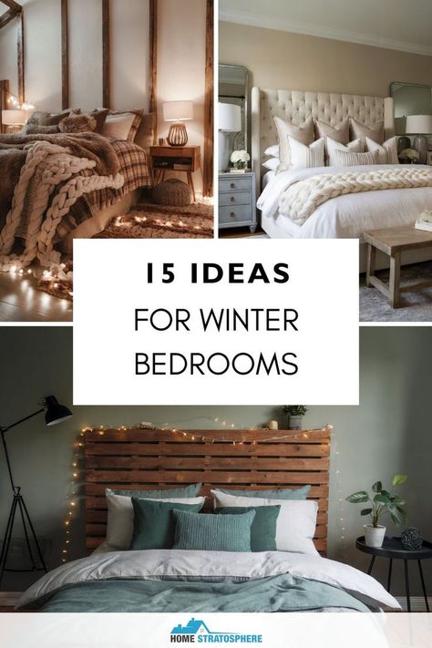 A collage of different winter bedroom setups featuring cozy bedding, inviting decor, and warm lighting for a welcoming winter vibe. Winter Bedroom Decor Cozy, Cozy Winter Bedroom, Seasonal Decor Ideas, Ideas For New Year, Winter Bedroom Decor, Rustic Wreaths, Winter Decor Ideas, Winter Bedroom, Bedroom Decor Cozy