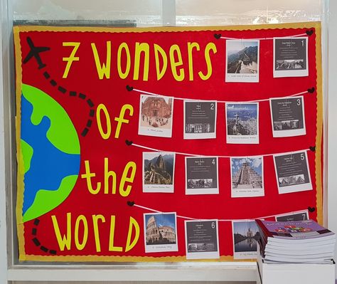 World Cultures Classroom Decorations, Wonders Of The World Classroom Theme, Seven Wonders Of The World Project, Around The World Bulletin Board Ideas, Travel Bulletin Board Ideas, World Classroom Theme, Around The World Decor, Around The World Classroom Theme, Wonder Bulletin Board