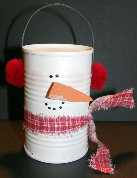 How about a snowman made from a tomato paste can?  The hanger is a piece of thick floral wire.  The nose is a piece of wood, but you could use a piece of craft foam. Soup Can Crafts, Painted Cans, Puffy Paint, Tin Cans, Frosty The Snowmen, Snowman Crafts, Can Crafts, Noel Christmas, Winter Crafts