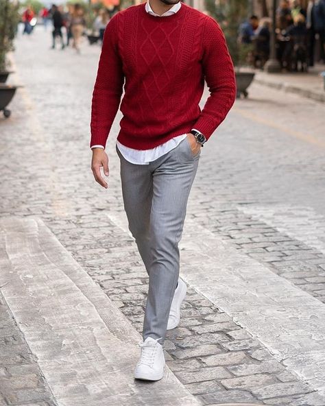 Men's Fashion Style Outfits Ideas Red Shirt Outfit, Red Shirt Outfits, Red Sweater Outfit, Christmas Outfit Men, Red And White Outfits, Sweater Outfits Men, Smart Casual Menswear, Mens Business Casual Outfits, Shirt Outfit Men