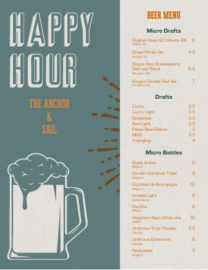 Happy Hour Menu Templates and Designs - MustHaveMenus Happy Hour Menu Design, Happy Hour Beer, Happy Hour Menu, Menu Card Design, Beer Menu, Happy Hour Specials, Happy Hour Drinks, Design Edit, Drink Specials