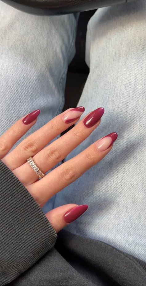 Nails For Autumn With Autumn Nails Inspo - davidreed.co Fall Nails On Real Nails, Short Almond Shaped Nails Designs Fall, Deep Red French Tip Nails Almond, Burgundy Nails With Accent Nail, Short Red Almond Nails Designs, Dip Nails February, Single Color Nail Designs, Marron Nails Designs, Almond Nail Styles