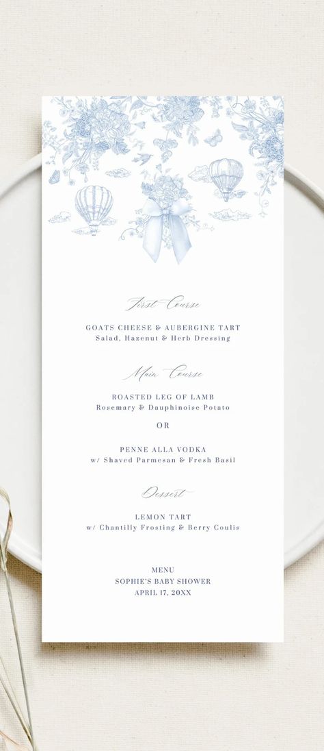 Elegant Toile De Jouy Menu Card Hot Air Balloon Baby Shower Menu Template Vintage Blue Floral Place Card Blue Boy Baby Shower Decor Editable - Etsy Baby Shower Menu Cards, Blue Toile Baby Shower Decor, Twin Boys Baby Shower Ideas, Vintage Blue Aesthetic, Blue Baby Shower Ideas, Baby Shower Aesthetic, November Baby Shower, Twin Boys Baby Shower, Boy Baby Shower Decor