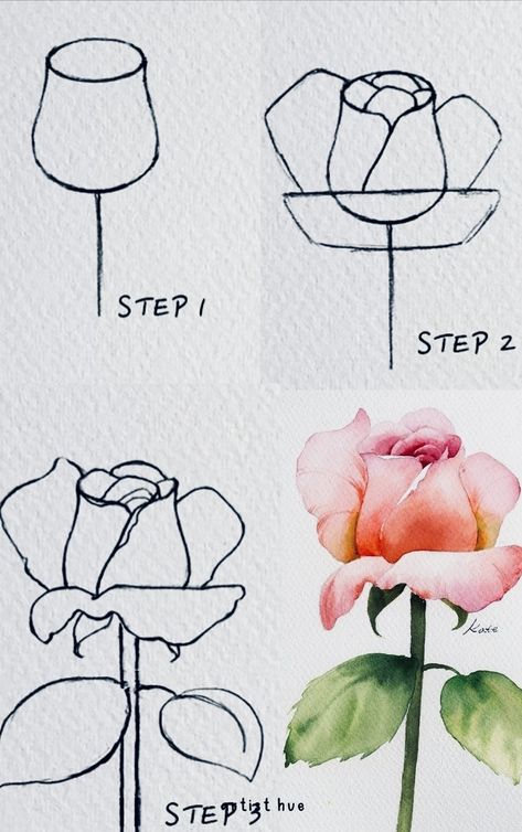 How To Draw Rose, Rose Watercolor Painting Easy, Rosebud Drawing, Rose Drawing Videos, How To Paint Roses Easy Watercolor, Acrylic Rose Painting Easy Step By Step, Rose Draw, Water Colour Rose Easy, Botanic Flowers