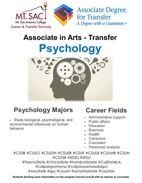 Associate in Arts for Transfer (AA-T) in Psychology is intended for students who plan to complete a bachelor's degree in a similar major at a CSU campus. With this degree students receive priority admission consideration. For information visit our website http://www.mtsac.edu/transfer/transfer_associate_degrees.html Associate Of Arts Degree, Psychology Studies, Psychology Major, Career Fields, Bachelor's Degree, Associate Degree, Student Life Hacks, Bachelors Degree, Art Degree