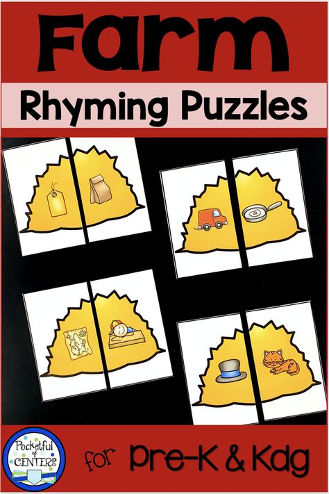 Add this rhyming activity to your Farm centers in PreK and Kindergarten. This set includes 24 puzzles to work on this phonemic awareness skill. Perfect for morning tubs, small groups and literacy centers. Farm Cvc Activities, Farm Rhyming Activities Preschool, Farm Small Group Activities Preschool, Farm Letter Activities Preschool, Farm Language Activities Preschool, Farm Prek Activities, Farm Literacy Activities Preschool, Farm Literacy Activities, Rhyming Activities Kindergarten