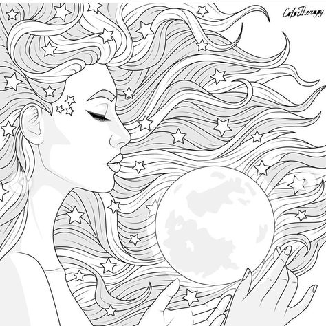 Moon Coloring Pages For Grown Ups, Coloring Pages For Adults Woman, Witchy Coloring Pages, Spiritual Colouring Pages, Witch Coloring Pages For Adults, Moon Goddess Coloring Pages, Fae Coloring Pages, Free Trippy Coloring Pages, Witch Coloring Pages