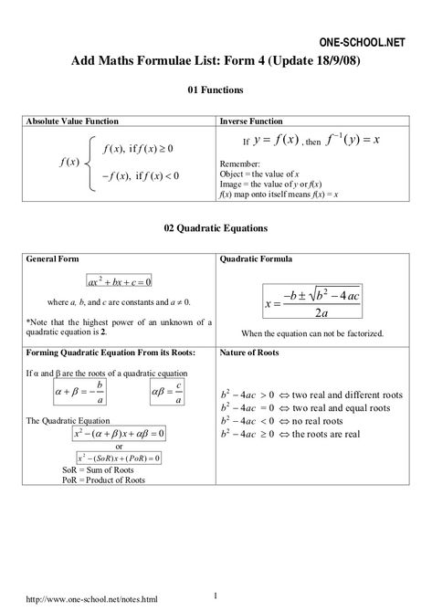 ONE-SCHOOL.NET              Add Maths Formulae List: Form 4 (Update 18/9/08)                                              ... Addmath Form 4, Maths Formulas, Add Math, Inverse Functions, Quadratic Equations, Quadratic Formula, Solid Geometry, Physics Notes, Exam Study Tips