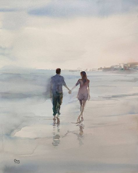 Watercolor Art Beach Simple, Walking On Beach Painting, Watercolor People Easy, Watercolor Painting Love, Watercolor Couple Art, Couple Holding Hands Painting, People In Watercolor, Love Watercolor Art, Anniversary Watercolor Painting