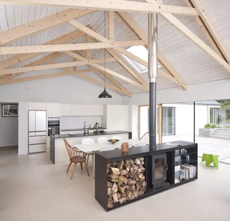 Kitchen Log Burner Open Plan, Central Wood Burner Open Plan, Open Plan Log Burner, Log Burner In Kitchen Extension, Log Burner Open Plan Living Room, Wood Stove Center Of Room, Open Plan Fireplace, Center Fireplace Living Room, Modern Log Burner