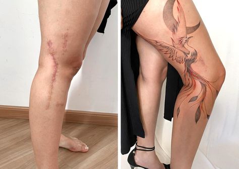 15 Personnes qui ont récupéré leur estime de soi après avoir transformé leurs cicatrices en de véritables chefs-d’œuvre Wedding Makeup Bride, Glam Wedding Makeup, Scar Tattoo, Knee Surgery, Tattoo Cover-up, Cover Up Tattoos, Works Of Art, Wedding Makeup, Cool Tattoos