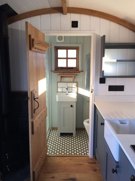 Shepherds Hut Bathroom, Shepherds Hut Interior Ideas, Sheperd Hut, Shepherds Hut Interior, Shepard Hut, Hut Interior, Shepherds Hut For Sale, Lino Flooring, Small Houses On Wheels