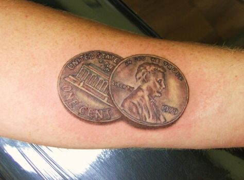 With a canadien penny and 2015 as the date and maybe even the cities we went to.. Penny Tattoo Ideas, Tattoos Money, Penny Tattoo, Money Tattoos, Heaven Tattoos, Bad Choices, Money Tattoo, Leo Tattoos, Bad Tattoos