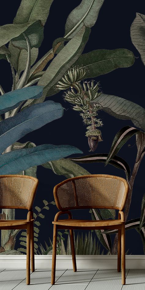 Dark botanical wallpaper with tropical leaves, perfect for home decor, available as peel and stick or vinyl wall mural. Tropical Wallpaper Aesthetic, Dark Tropical Aesthetic, Dark Jungle Wallpaper, Dark Tropical Wallpaper, Dark Botanical Wallpaper, Piano Library, Library Lounge, Wallpaper Leaf, Closet Redo