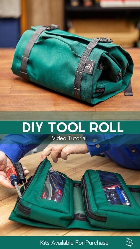 You can make your own tool roll bag with four zippered pouches following this tutorial video. Purchase the Tool Roll Bag With Zippered Pouches Kit from Sailrite® and sew it up yourself. This is not only a high-quality and versatile custom tool roll bag, but it is also a wonderful way to improve your sewing skills. Many important sewing techniques are required to create this bag, giving you the confidence to advance your skill set in both canvas and upholstery sewing projects. Shaving Bag Pattern, Tool Bag Sewing Pattern, Practical Sewing Projects, Tool Bag Pattern, Sew Zipper Pouch, Tool Bag Diy, Useful Sewing Projects, Diy Canvas Bag, Sewing Kit Diy