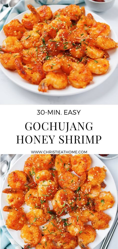 Shrimp Recipes For Dinner Asian, Cornstarch Shrimp Recipes, Asian Flavored Shrimp, Korean Shrimp Marinade, Dinner Recipes With Sides, Korean Spicy Shrimp Recipes, Korean Prawn Recipe, Things To Make With Gochujang, Easy Dinner Recipes Korean