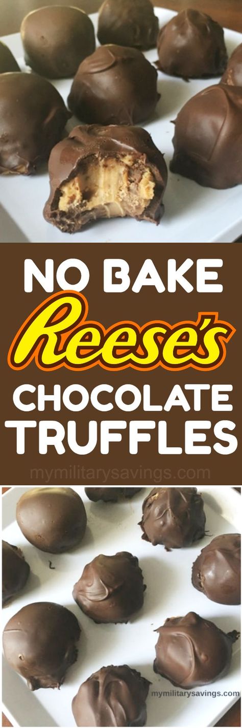 DELICIOUS No Bake Reese's Peanut Butter Cup Chocolate Truffles recipe! Add this to your dessert recipes board! Truffle Dessert, Kalahari Resort, No Bake Truffles, Chocolate Truffles Recipe, Reese's Chocolate, Reese's Peanut Butter Cup, Truffles Recipe, Foodie Friday, Dessert Aux Fruits