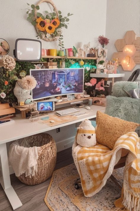 Charming pastel hues, cozy textiles, whimsical decor, fairy lights, and soft rugs create an inviting, cute room perfect for relaxation. #HomeDecor #InteriorDesign #CuteRoomIdeas #DIYDecor Whimsical Desk Decor, Cozy Computer Setup, Cozy Hobby Room, Cute Rooms, Gaming Aesthetic, Cozy Textiles, Gamer Desk, Soft Rugs, Cozy Gaming