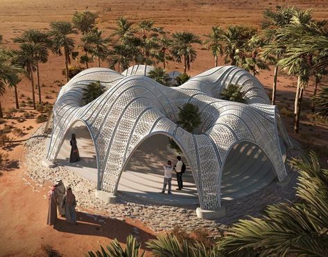 MEAN proposes 3D printed parametric desert pavilion as an oasis in jordan Desert Pavilion, Mobile Architecture, Wadi Rum Jordan, Pavilion Plans, Pavilion Architecture, Parametric Architecture, Generative Design, Wadi Rum, Parametric Design