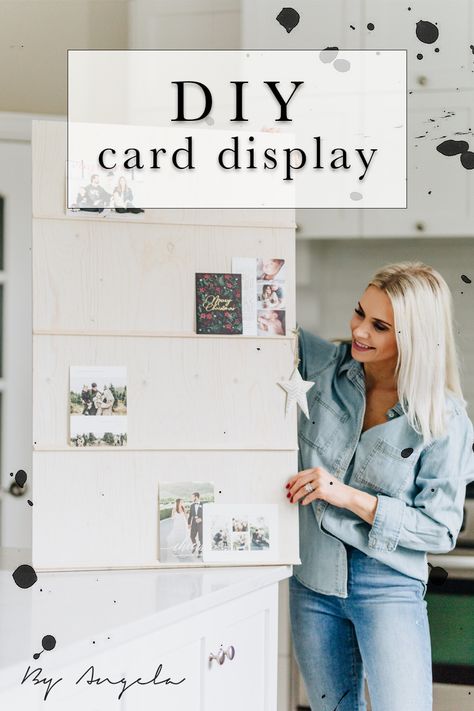 If you're looking for a new DIY project - look no further! This card display can hold anything from family photos to postcards from other countries and it's so easy to make! #byangela #angelaprice #cards #familyphotos #display #diy #project #crafts Wooden Photo Display Board, Postcard Holder Diy, Thank You Card Display, How To Display Cards At Home, Photo Card Display, How To Display Birthday Cards, Diy Card Holder Display, How To Display Greeting Cards At Home, Temporary Photo Display