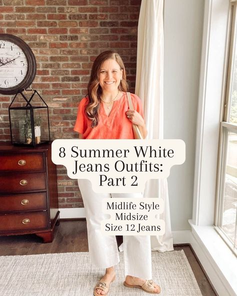 I have 8 more white summer jeans outfits for you today!⁠ ⁠ Wear your white jeans simply with a t-shirt or tank top and slides, style an all-white look with brown accessories or a cream cardigan, or go for a black-and-white look. ⁠ ⁠ I'm wearing @jcrewfactory ecru wide-leg cropped jeans and @gap white high rise kick crop jeans. ⁠ ⁠ 👉️ Save this post for when you need some outfit inspo. ⁠ 👉️Shop the look at the link in my profile. Many of these pieces are old, but I've linked the jeans styles a... Wide Jeans Outfit Summer, Wide Jeans Outfit, Jean Outfit, White Jeans Outfit, Brown Accessories, Jeans Outfit Summer, Jeans Outfits, Cream Cardigan, Summer Jeans