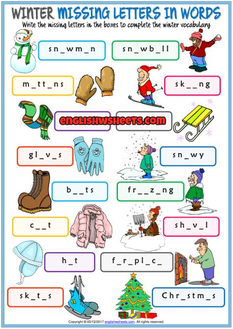 English Activities Preschool, English Word Games, Preschool Homework, Winter Vocabulary, Seasons Worksheets, Kids Worksheet, Missing Letters, Vocabulary Exercises, English Language Course