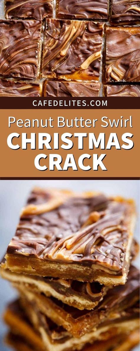 Peanut Butter Swirl Christmas Crack is a super addictive and popular Christmas treat made with salty crackers and sweet toffee, and smothered in melted chocolate. Christmas crack tastes just like salted toffee mixed with a mouthwatering cracker base. Traditionally, it’s topped with chopped nuts or flaked almonds. Today, we are topping ours with a peanut butter swirl. Crackers With Caramel And Chocolate, Peanut Butter Desert Ideas Easy, Christmas Cracker Toffee Graham Crackers, Peanut Butter Cracker Candy, Peanut Butter Bits Cracker Candy, Peanut Butter Brownie Swirl Cookies, Christmas Toffee Recipe, Christmas Cracker Toffee, Holiday Party Food Ideas