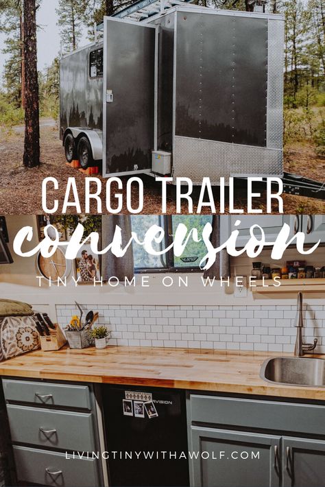 Learn how this couple converted a Cargo Trailer into a 7x16 tiny home on wheels. Cargo trailer camper built from scratch. DIY projects and decor. Cargo Trailer To Toy Hauler Conversion, Diy Cargo Trailer Camper Toy Hauler, Converting Cargo Trailer To Camper, Enclosed Trailer Converted To Camper, Convert Trailer To Camper, Cargo Trailers Converted To Campers, Tiny Home On Trailer Diy, Converted Trailer To Camper, Diy Toy Hauler Camper