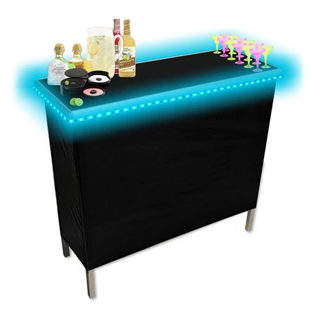 The Party Bar portable, folding, pop up bar with Multi-Color LED lights is perfect for parties, mobile bartending, tailgates, or events. The Party Bar is portable, lightweight, rigid, and multi-functional. The bar sets up quickly and with ease. The reinforced bar shelf easily locks into the top of each leg brace, creating additional storage space for cups, ice, garnishes, etc. More weight placed on the support shelf creates a stronger and more stable Party Bar. Choose and easily attach the front Small Backyard Party Set Up, Bar Set Up For Party At Home, Bar Setup For Party, Party Room Aesthetic, Outdoor Party Setup, Backyard Birthday Party For Adults, Backyard Party Setup, Portable Bar Ideas, Hawaiian Bar