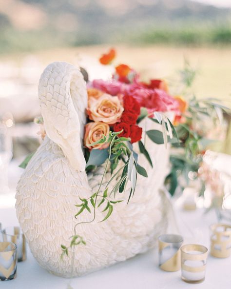 More swans, these brimming with multicolored roses and olive branches, glided on tables. Creative Wedding Centerpieces, Swan Wedding, Swan Decor, Martha Weddings, Bright Florals, Charming Garden, Martha Stewart Weddings, Second Weddings, Gray Weddings