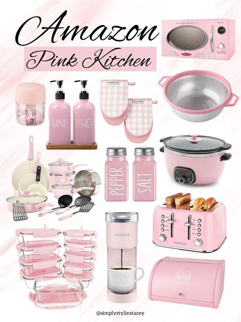 Pink Girly House Ideas, Pink Appliances In Kitchen, Pink House Stuff, Pink Kitchen Stuff, Pink Kitchen Items, Girly Apartment Decor Kitchen, Pink Aesthetic Kitchen, Cute Kitchen Ideas, Pink Amazon Finds